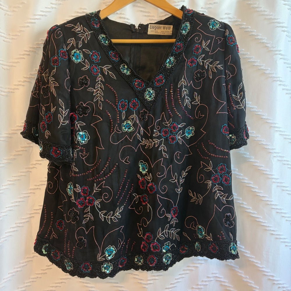 Elegant Wear Vintage Black 100% Silk Beaded Sequin Floral V-Neck Blouse India